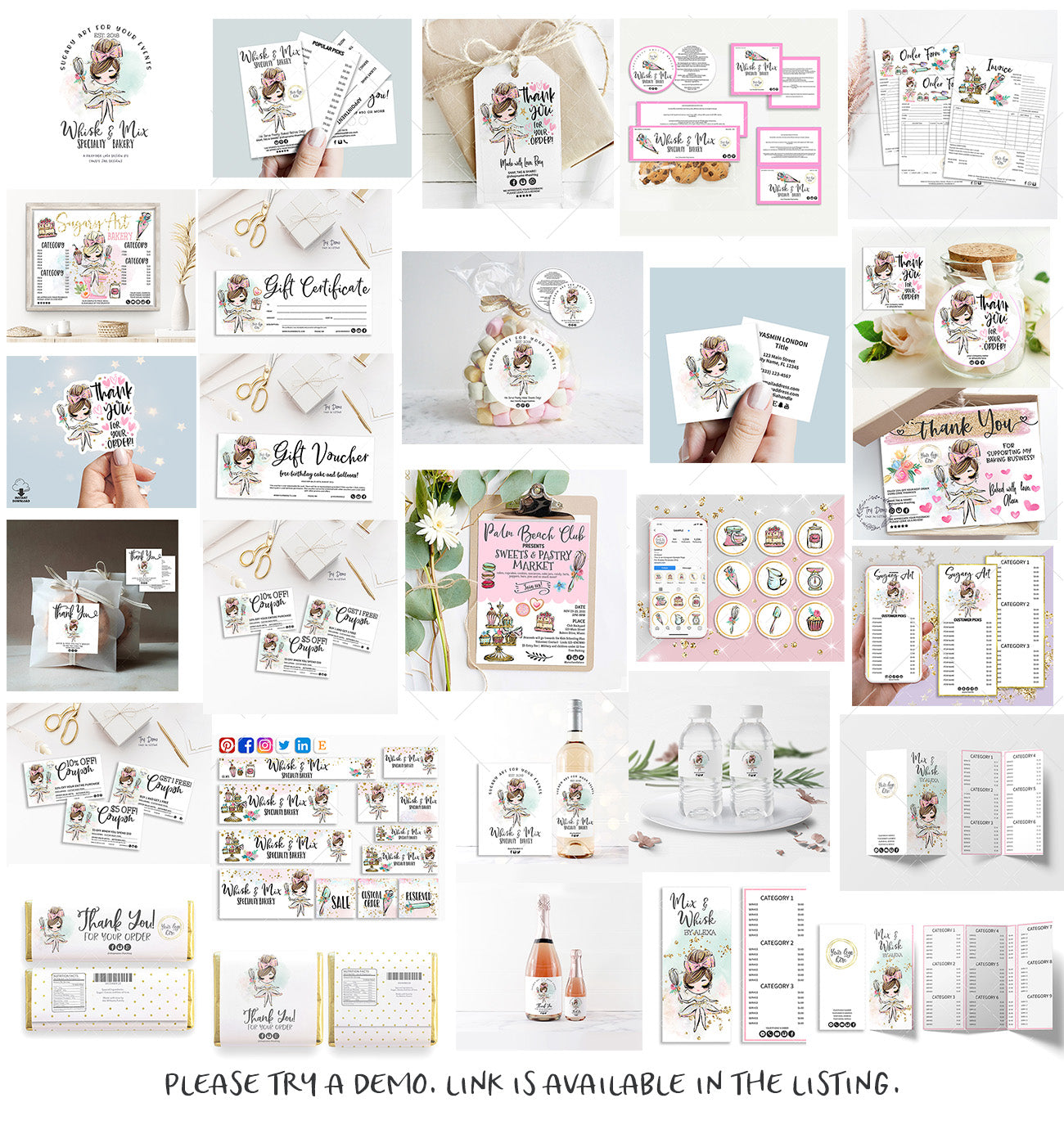 Bakery Shop Templates Bundle, Cute Bakery Girl, Brown Hair, Fair Skin, Editable Printable, Girl CharacterCandyJarStudios