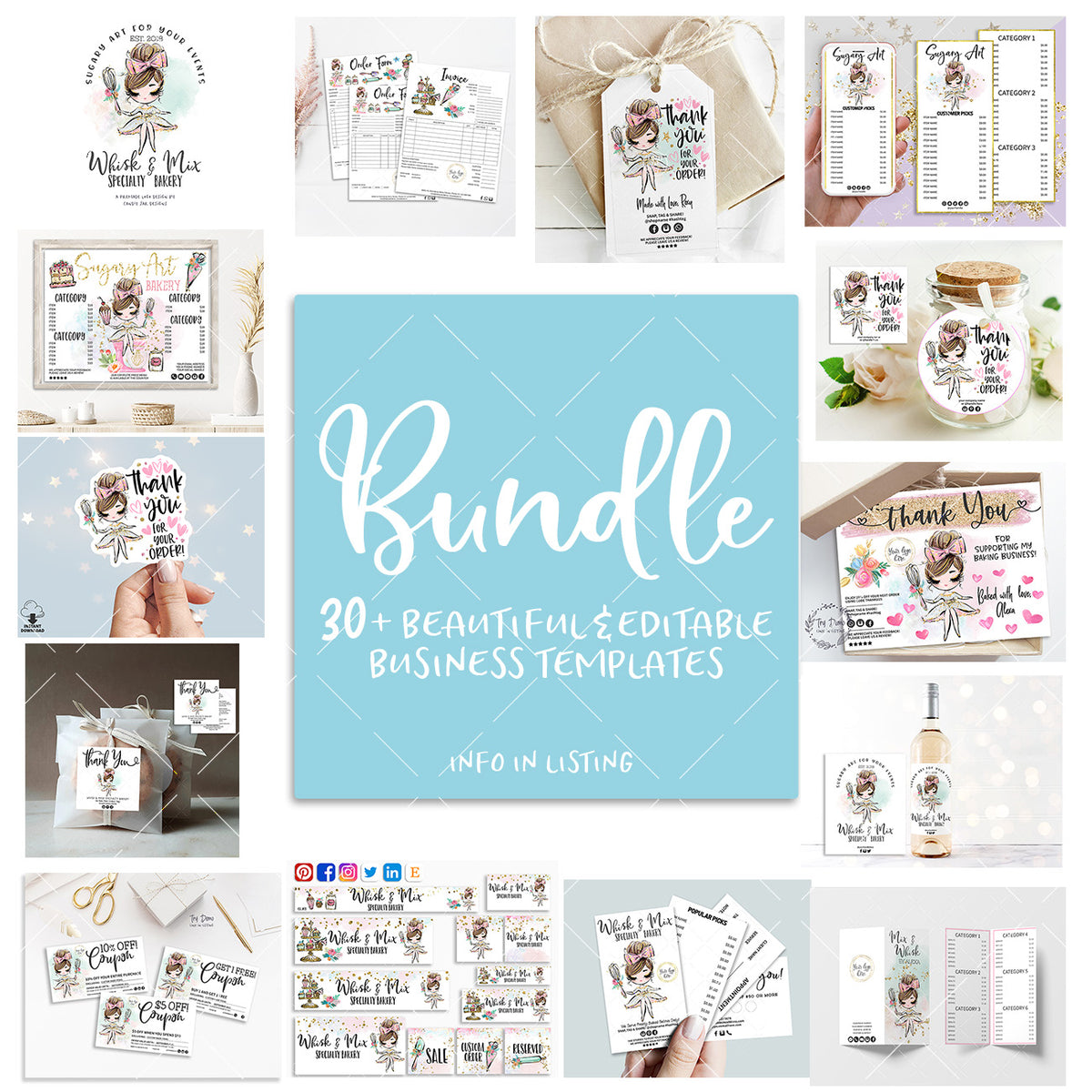 Bakery Shop Templates Bundle, Cute Bakery Girl, Brown Hair, Fair Skin, Editable Printable, Girl CharacterCandyJarStudios