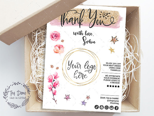 Blank Thank You Insert Card 3 x 4", Editable PrintableCandyJarStudios