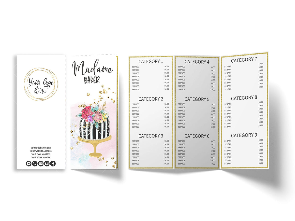 Bakery Tri-Fold Menu Price List, Cake Bakery Menu Card