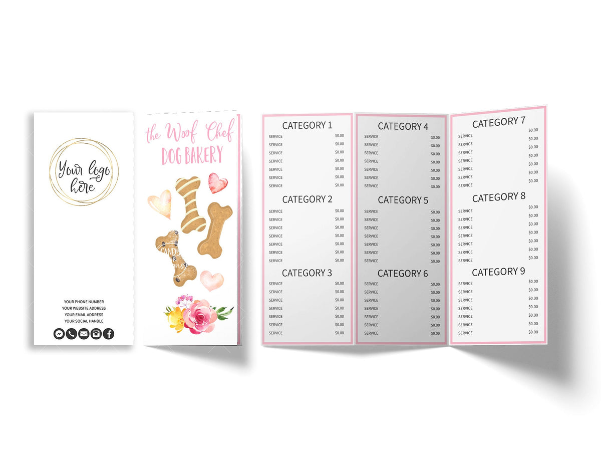 Dog Bakery Tri-Fold Price List, Pet Cookie Foldable Menu Card