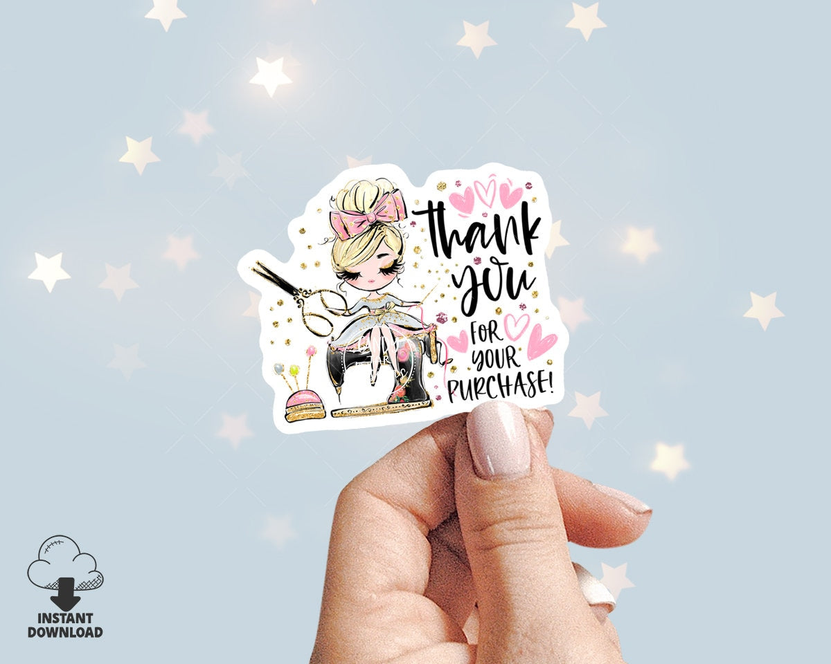 Sewing Thank You Sticker, Seamstress Girl