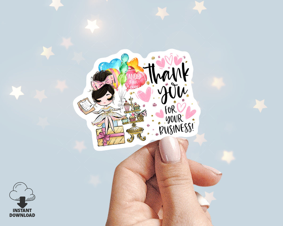 Party Planner Thank You Business Sticker, Printable Planner Girl Sticker, Birthday Events Tag, Editable Insert, Black, CJ009-26v1-fb-STK - Candy Jar Studios