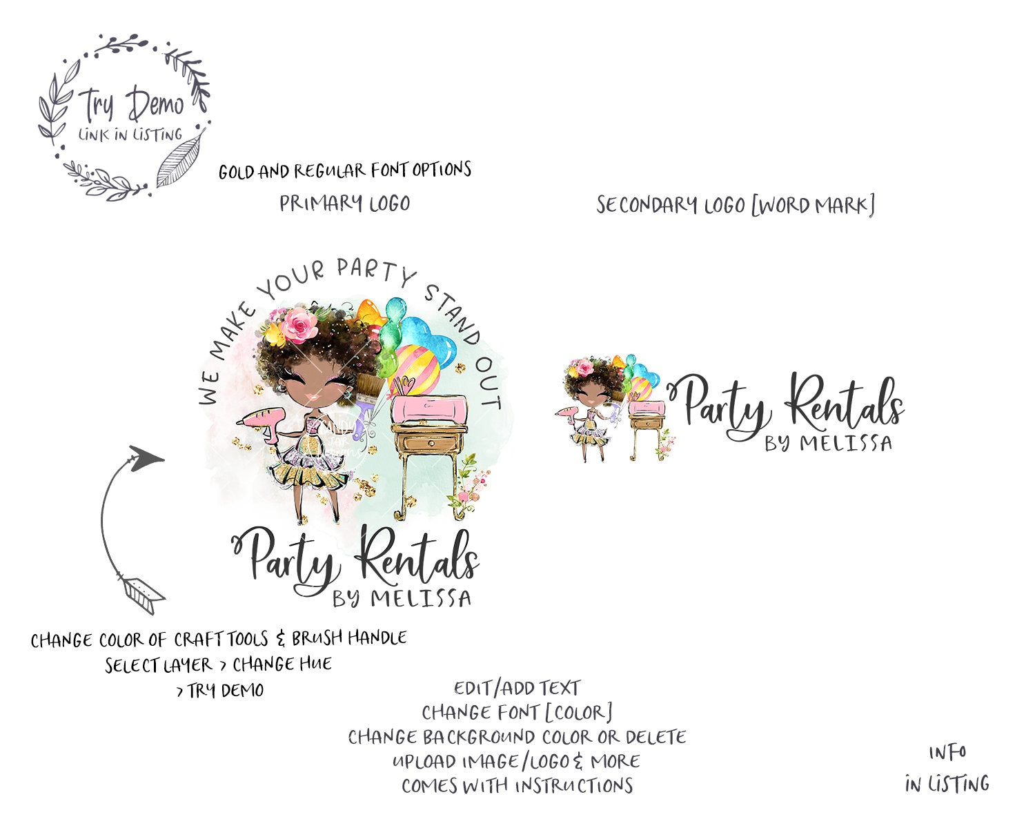 Party Rentals Logo, Craft Girl - Candy Jar Studios