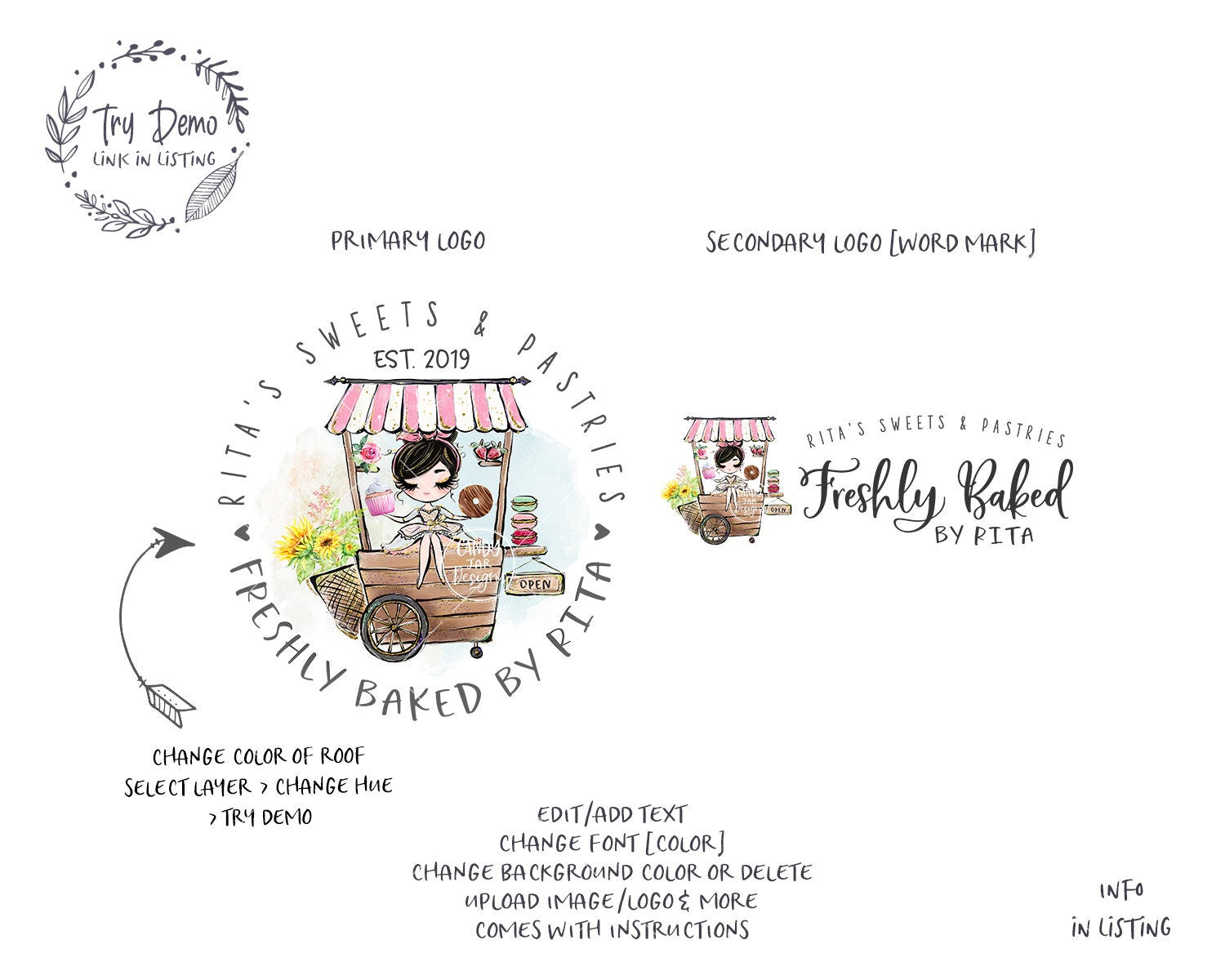 Food Cart Logo, Street Bakery, Black Hair, Fair Skin - Candy Jar Studios