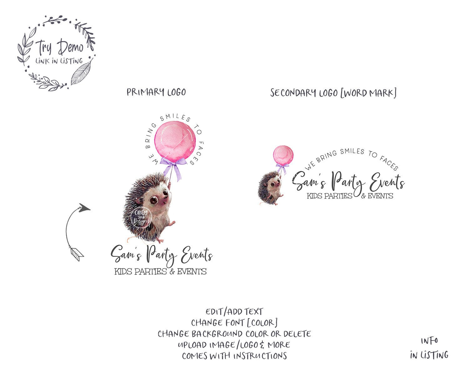 Party Events Logo, Kids Party Catering, Hedgehog - Candy Jar Studios